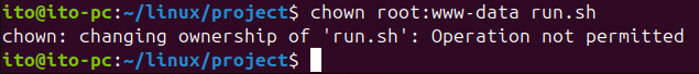 Figure 5. Linux Command chown error message: Lack of ownership change permission