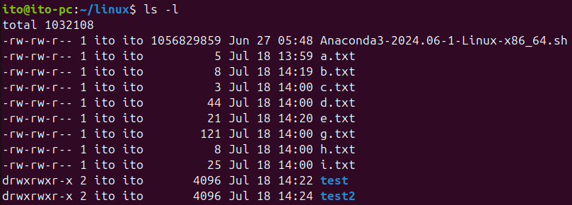 図 2. Linuxコマンドls -lオプション適用