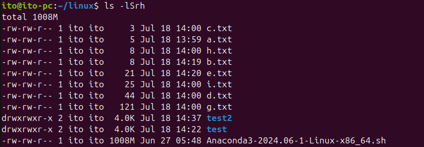 Figure 13. Linux Command ls -lSrh Applied