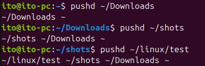 Figure 9. Adding paths to the directory stack: pushd command