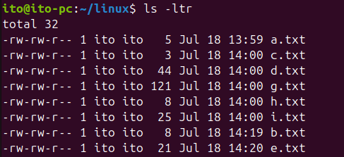 図 6. Linuxコマンド ls -ltr オプション適用