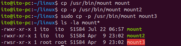 Figure 5. Linux command cp -p option copying permissions/ownership