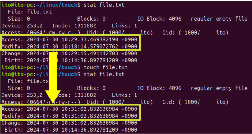 図2. Linuxコマンドtouch: 既存ファイルのアクセス時間と修正時間を現在の時間に更新