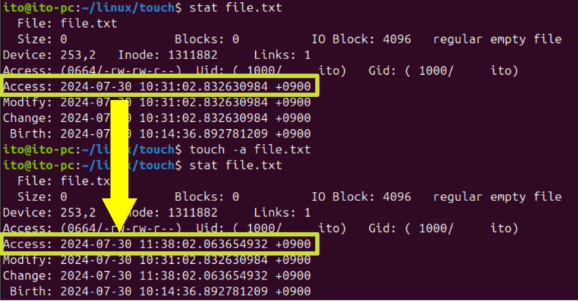 図3. Linuxコマンドtouch: 既存ファイルのアクセス時間のみ更新