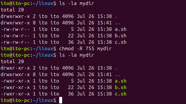 Figure 6. Linux Command chmod: Setting permissions recursively using the -R option