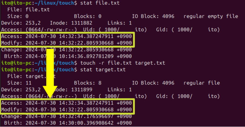 Figure 7. Linux Command touch: Updating the time by referencing another file