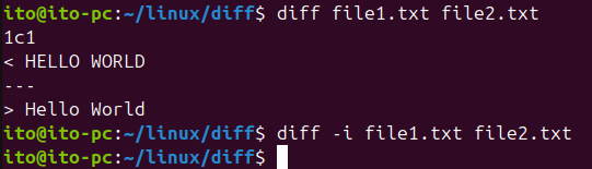 Figure 5. Using the -i option in the Linux Command diff to ignore case differences