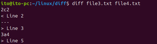 Figure 4. diff output result showing deletion and addition