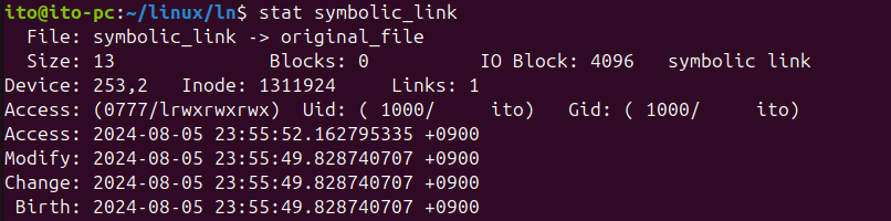 図 6. Linuxコマンドstatでシンボリックリンク確認