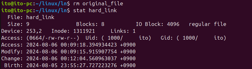 Figure 4. Verifying the Remaining File with the Linux Command stat