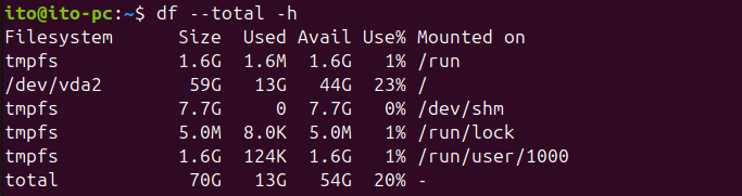 図6. Linuxコマンドdf: --totalオプションで全体のディスク使用量を確認