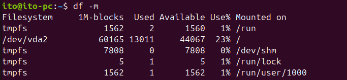 図2. Linuxコマンドdf: -mオプションでMB単位のサイズを表示