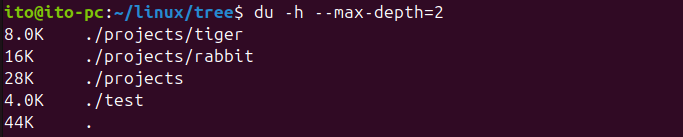 Figure 5. Linux Command du: Limiting directory depth with the --max-depth option