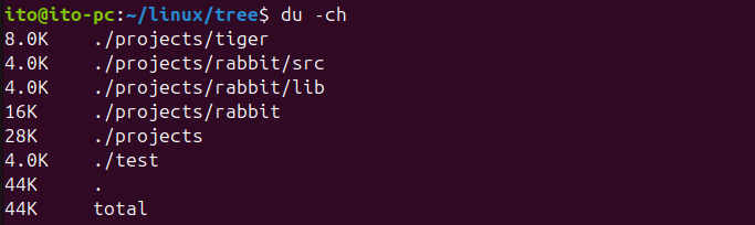 図6. Linuxコマンドdu: -cオプションで合計を別途出力