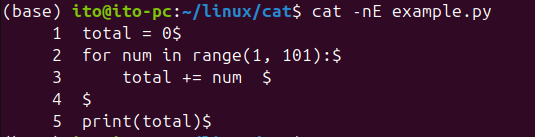 Figure 4. Linux Command cat: Display Line Ends with Dollar Sign ($) Using -E Option