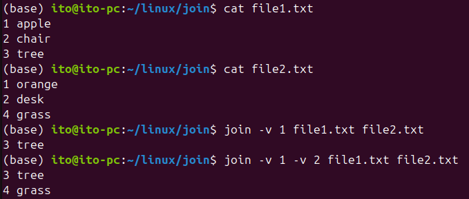 Figure 6. Linux command join: Displaying non-matching rows with the -v option