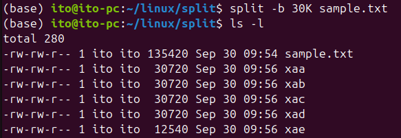 Figure 3. Linux command split: Using the -b option to split by file size