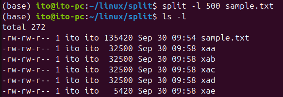 Figure 2. Linux command split: Using the -l option to split by number of lines