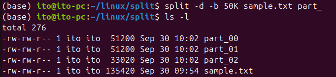 Figure 4. Linux command split: Using the -d option to set a prefix for output files