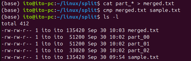 Figure 5. Merging split files with the cat command