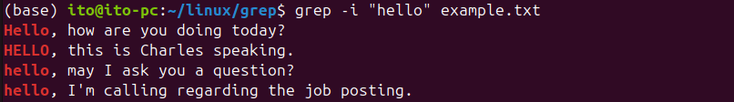 Figure 3. Linux Command grep: Lines containing "hello" regardless of case