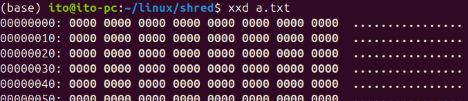 Figure 3. Linux command shred: Verifying zero-filled file contents using the xxd command