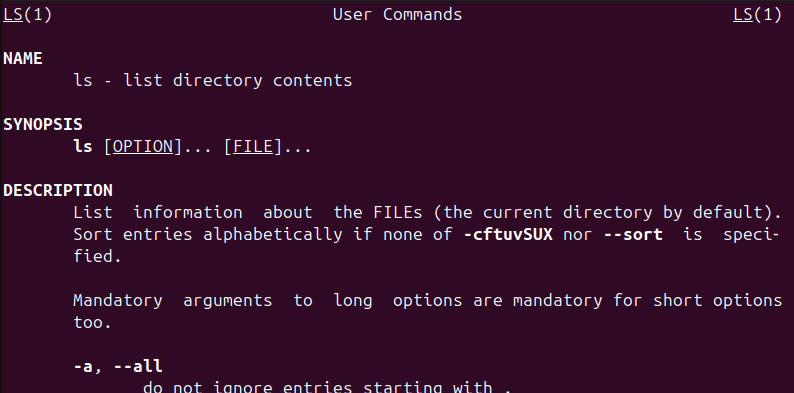 Figure 4. Checking a more detailed description of a command with the Linux command man