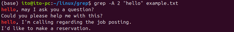 Figure 9. Linux Command grep: Output the two lines following the line containing "hello"