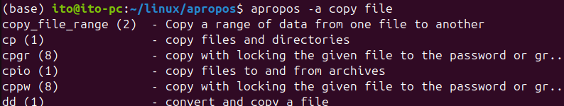 Figure 2. Searching for commands using the keywords copy and file with the Linux command apropos