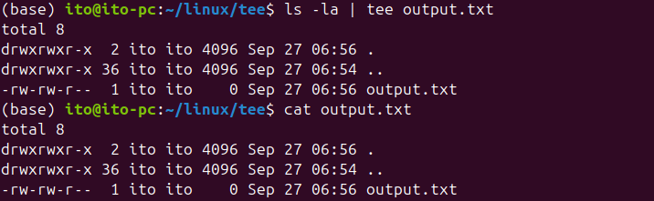 Figure 2. Using the Linux command tee to both display and save output