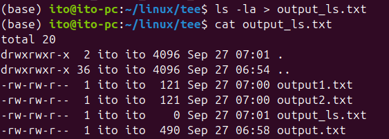 Figure 1. When using the redirection operator (>) without the Linux command tee