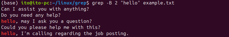 Figure 10. Linux Command grep: Output the two lines before the line containing "hello"