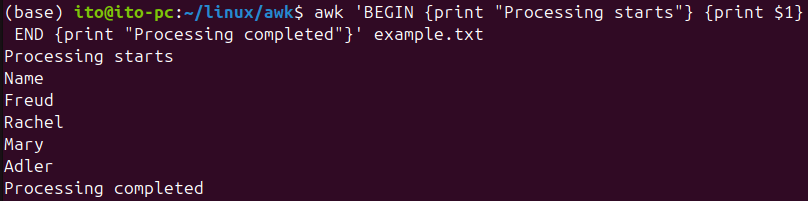 Figure 4. Example of using the BEGIN and END blocks with the Linux command awk