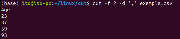 Figure 1. Linux Command cut with -f and -d options: Output of the second column from a CSV file