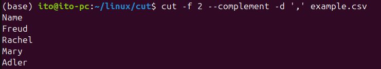 Figure 4. Output excluding a specified field using the Linux command cut --complement option