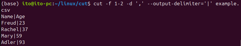 Figure 6. Output using the Linux command cut --output-delimiter option to change the output delimiter