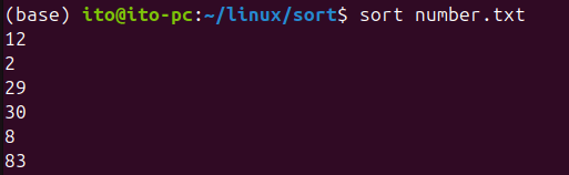 Figure 2. Attempting to sort numbers without using the -n option in the Linux command sort