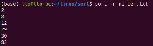 Figure 3. Sorting numbers using the -n option with the Linux command sort