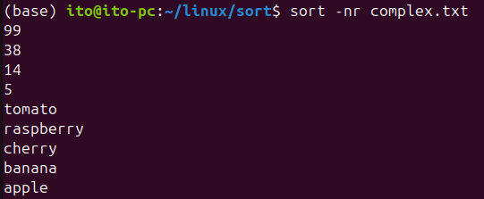 Figure 4. Sorting in reverse order with mixed numbers and letters using the -nr option in the Linux command sort