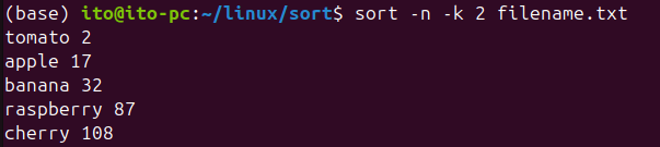 Figure 5. Sorting by the second column using the -k option in the Linux command sort