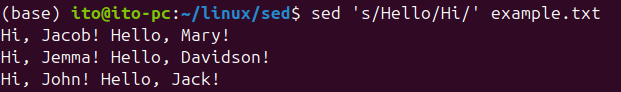 Figure 1. Replacing the first occurrence of "Hello" with "Hi" in each line using the Linux command sed