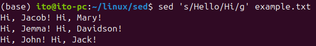 Figure 2. Replacing all occurrences of "Hello" with "Hi" using the Linux command sed