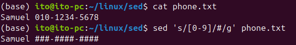 Figure 5. Replacing all numbers with "#" using regular expressions and the Linux command sed