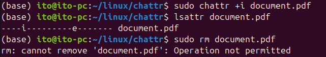 Figure 1. Linux command chattr: +i option adding immutable attribute