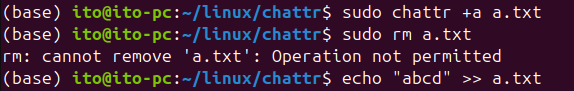 Figure 3. Linux command chattr: +a option setting append-only attribute