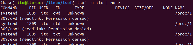 Figure 4. Linux command lsof: Checking open files by user