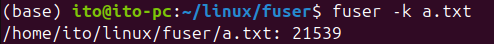 Figure 2. Linux command fuser: Terminating a process with the -k option