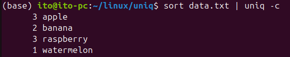 Figure 3. Printing duplicate counts using the Linux command uniq with the -c option