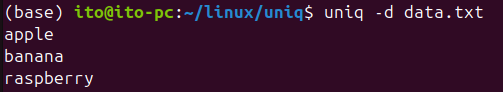 Figure 4. Printing only duplicates using the Linux command uniq with the -d option