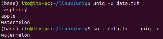 Figure 5. Printing only unique lines using the Linux command uniq with the -u option